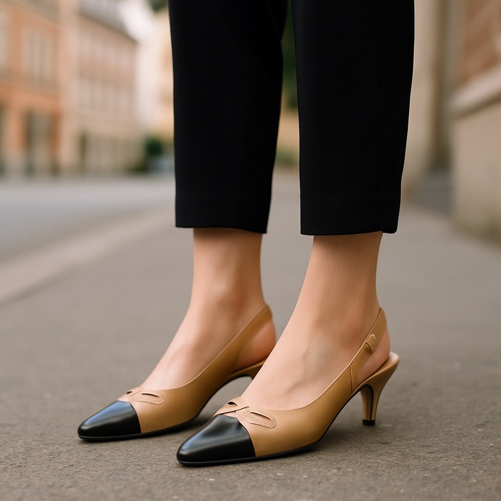 Chanel Women's Black and Tan Slingback Shoes